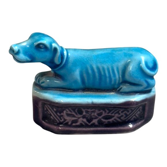 Antique Mini Chinese Dog Trinket Mud Man Figurine Turquoise Purple Signed 2.5" - Picture 1 of 8